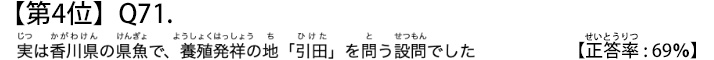 第４位　Ｑ７１　実は香川県の県魚で、養殖発祥の地「引田」を問う設問でした【正答率：６９％】