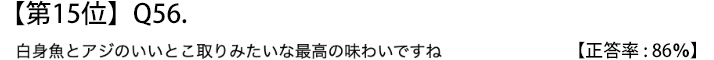 第１５位　Ｑ５６　白身魚とアジのいいとこ取りみたいな最高の味わいですね【正答率：８６％】